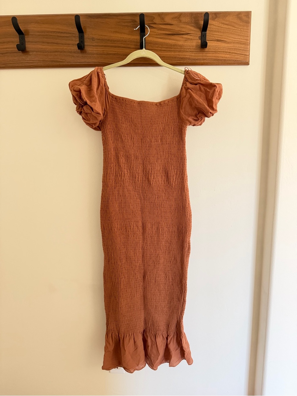 Baltic Born Rust-Peach Puff Sleeve Smocked Midi Dress